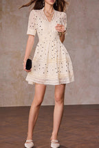 Flowering Girl Women Polka Dot V-Neck a-Line Mini Dress In Apricot