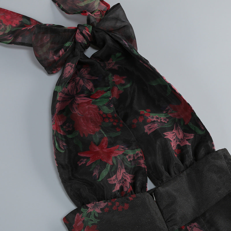 georgia floral print halter ruffle Maxi Dress in black