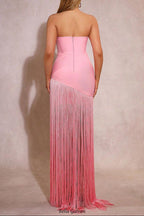rita 3D flower diamond-decorative tassel bandage maxi dress in pink