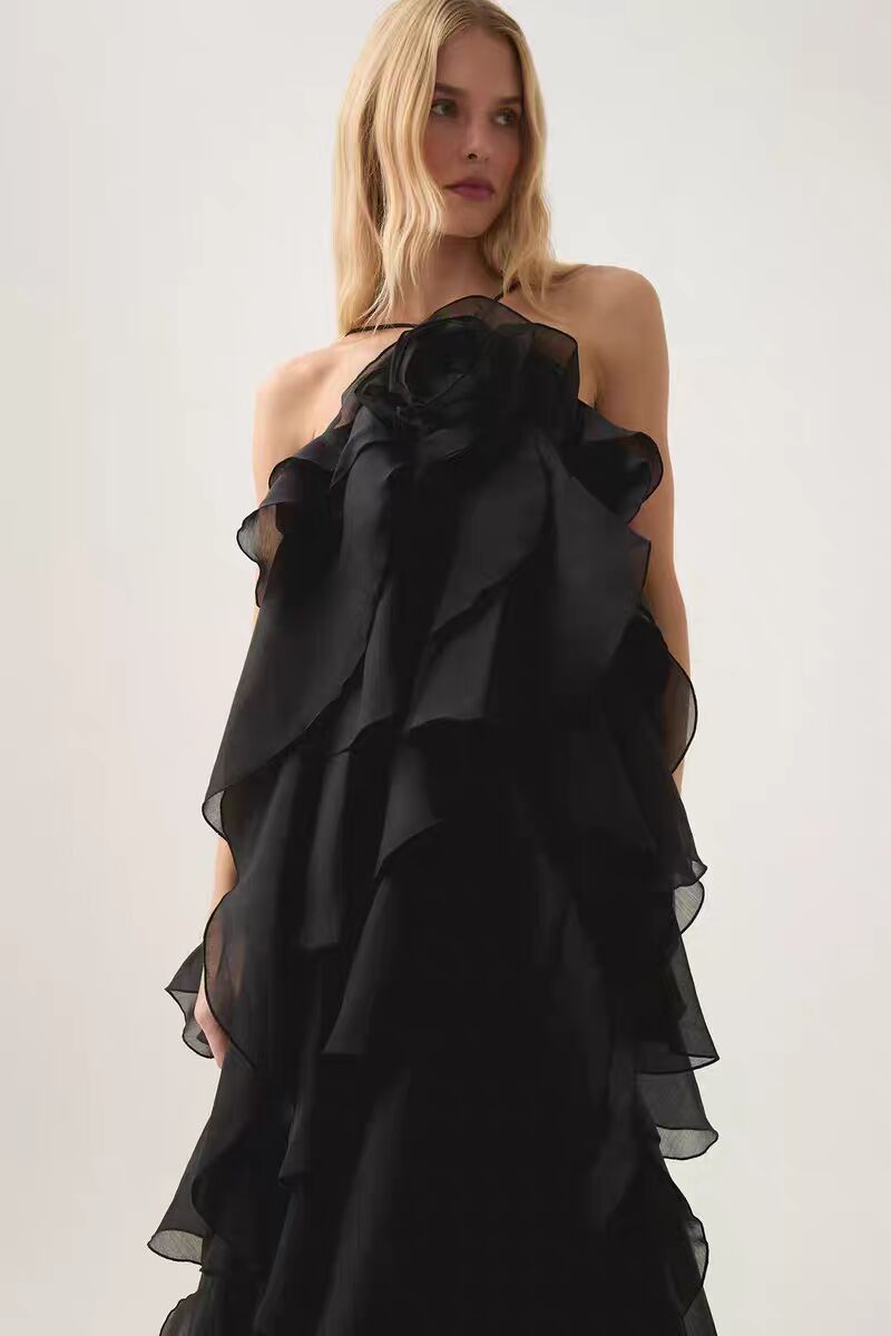Flowering Girl Women halterneck flounced maxi dress in black