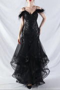 feather sequin strapless tulle maxi dress