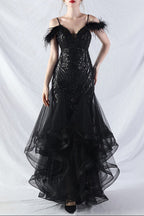 feather sequin strapless tulle maxi dress