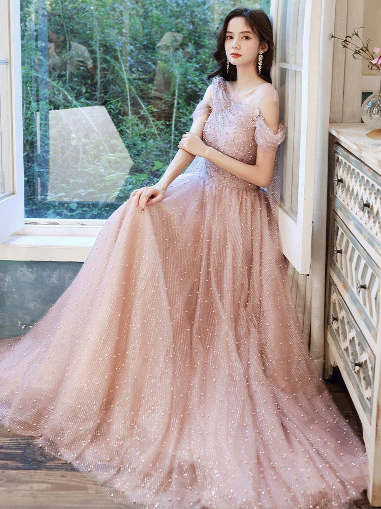 Pink One-Shoulder Pearl Maxi Evening Dress