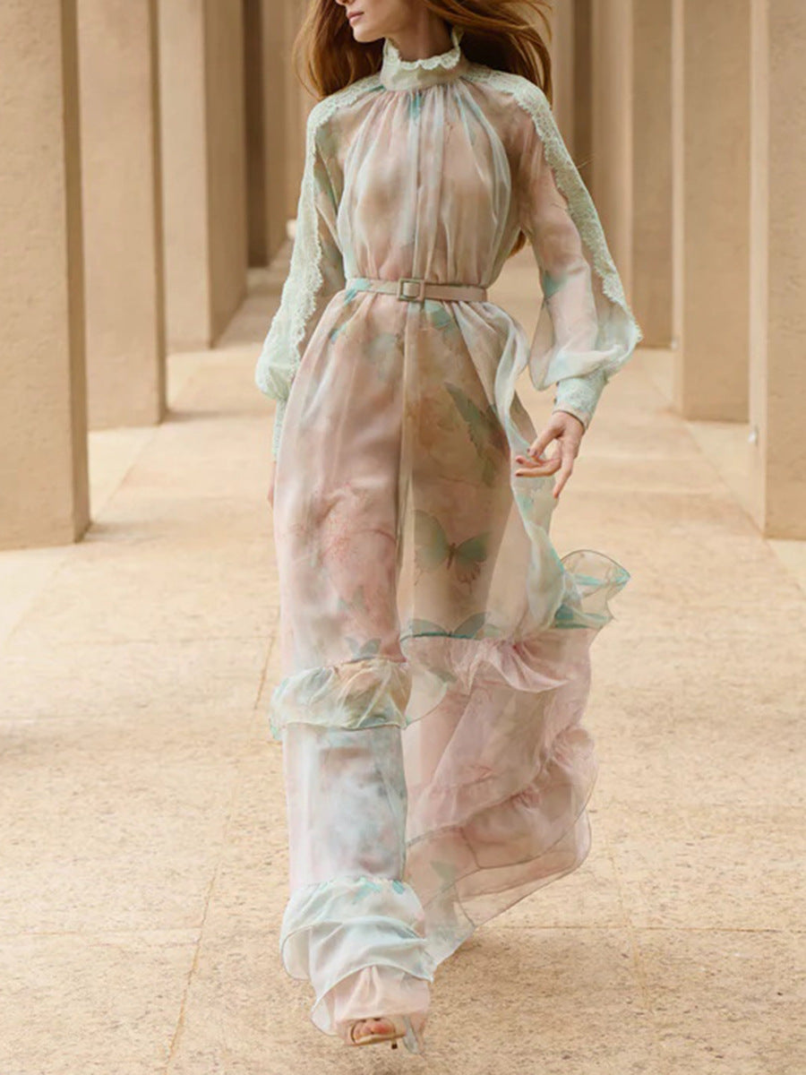 Flowering Girl Women olga floral print lantern sleeve layer Sheer maxi dress