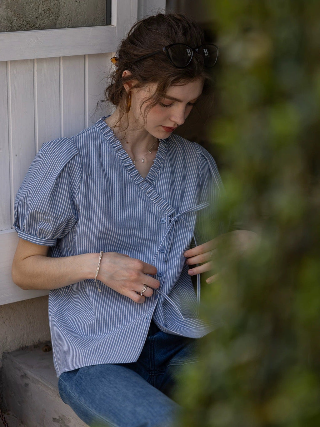 Flowering Girl Women blue cotton asymmetrical striped puff-sleeve shirt