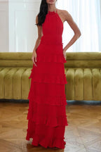 Flowering Girl Women lorraine ruffle trim layer halter maxi dress - red