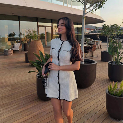 white knitted short-sleeved button-down  mini dress