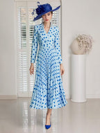 Blue Polka Dot v-Neck Long Sleeve Pleated Dress