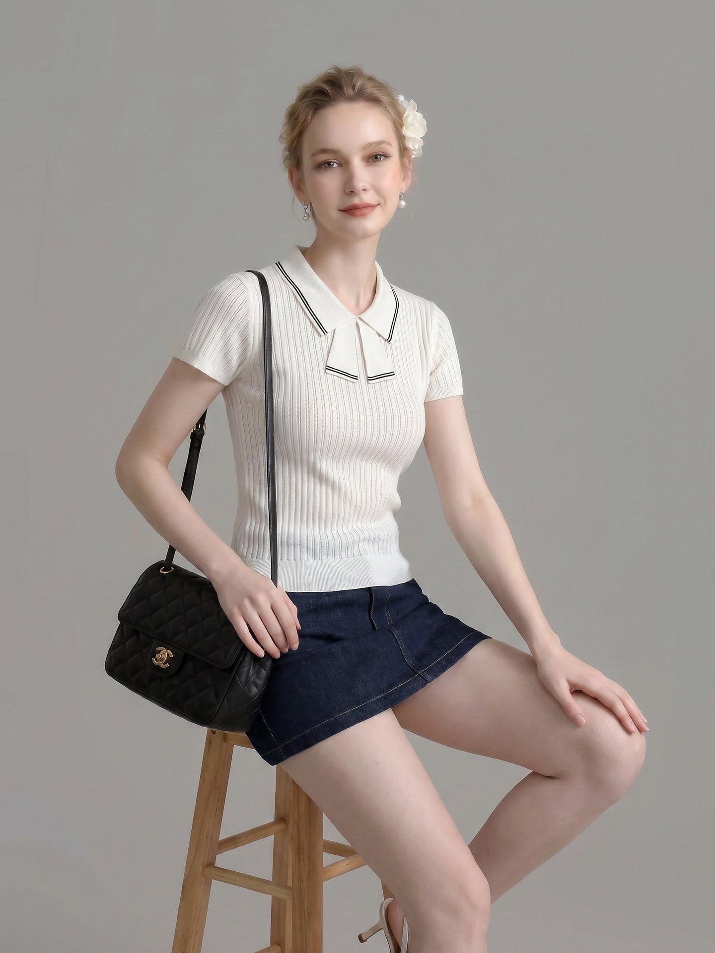 Flowering Girl Women Striped Collar Bow Tie Ribbed Knit Short Sleeve Top