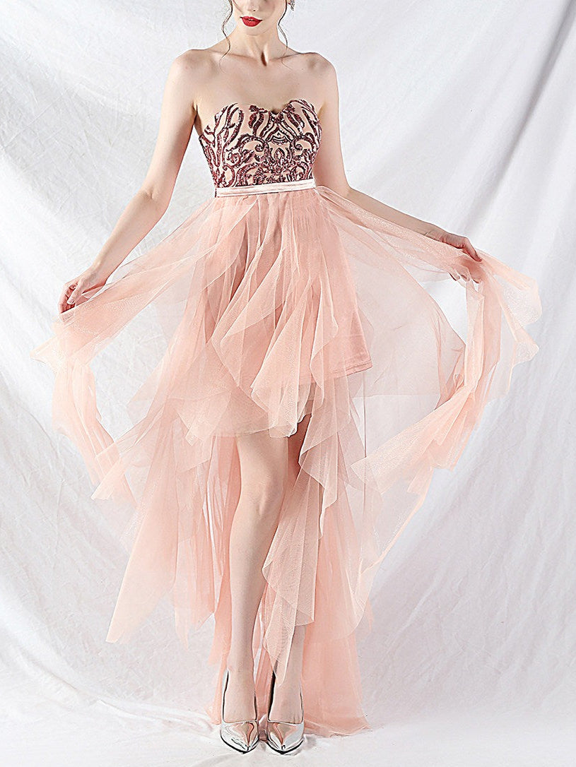 Strapless Feather Tulle Midi Dress