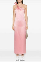 yvonne one-shoulder 3d flower satin maxi dress in pink