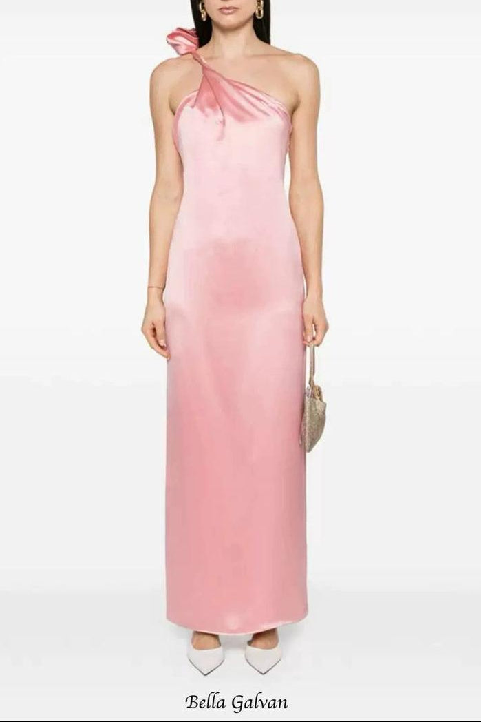 yvonne one-shoulder 3d flower satin maxi dress in pink