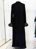 rachel black ruffled crystal-embellished crepe mock-neck gown