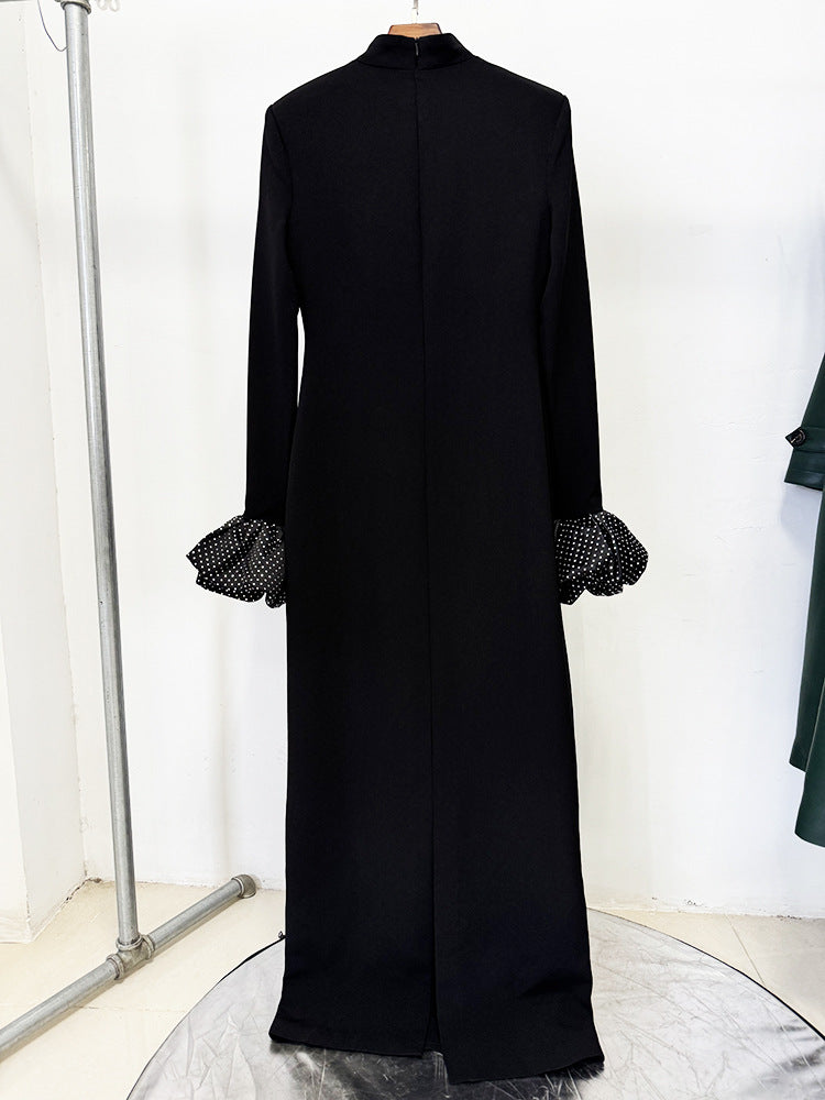 Rachel Black Ruffled Crystal-Embellished Crepe Mock-Neck Gown
