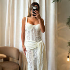 Flowering Girl Women Corset Lace Maxi Dress with Draped Sash