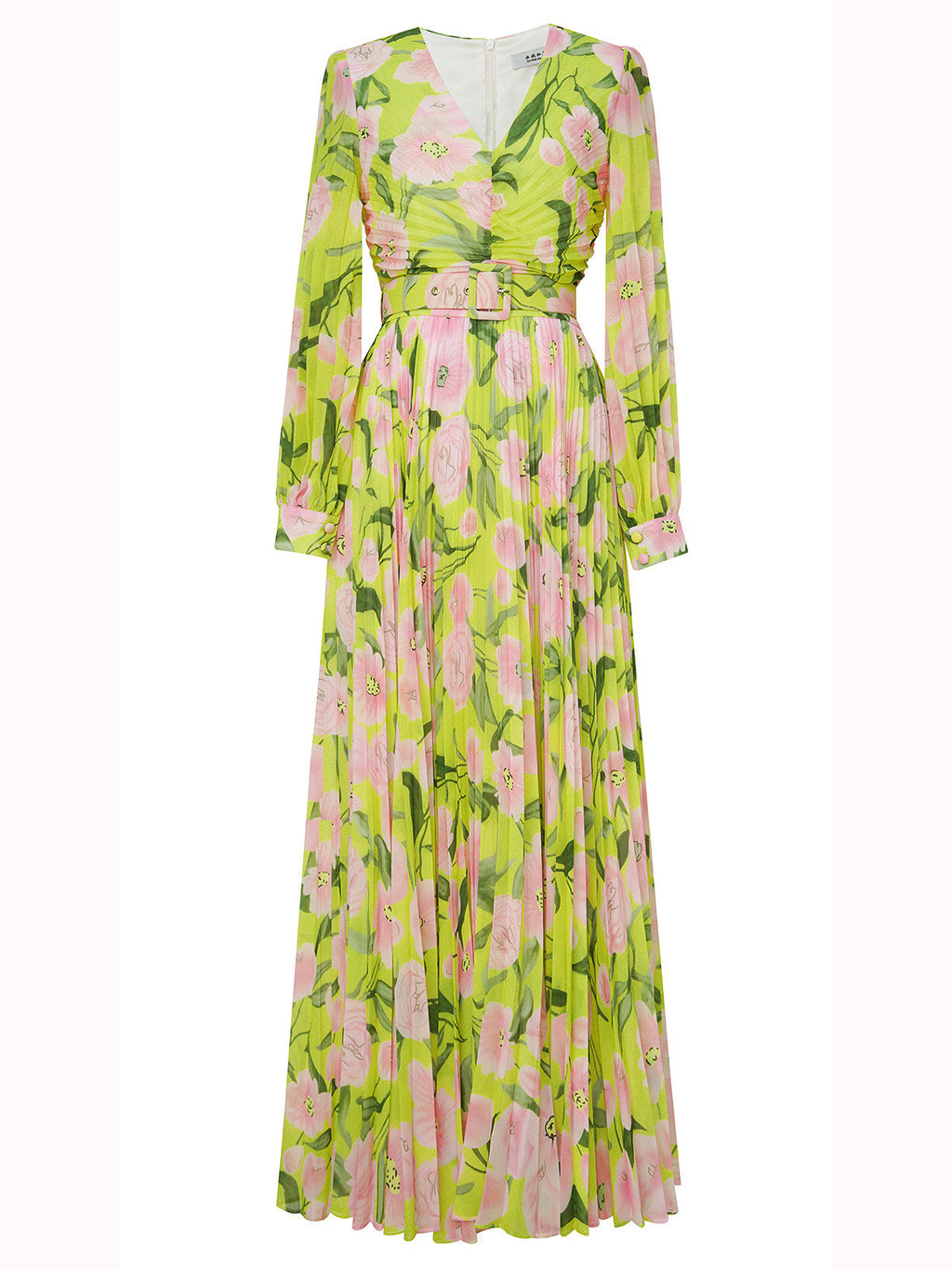 Yellow Floral Long Sleeves Pleated Patterned Dress