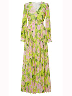 Yellow Floral Long Sleeves Pleated Patterned Dress