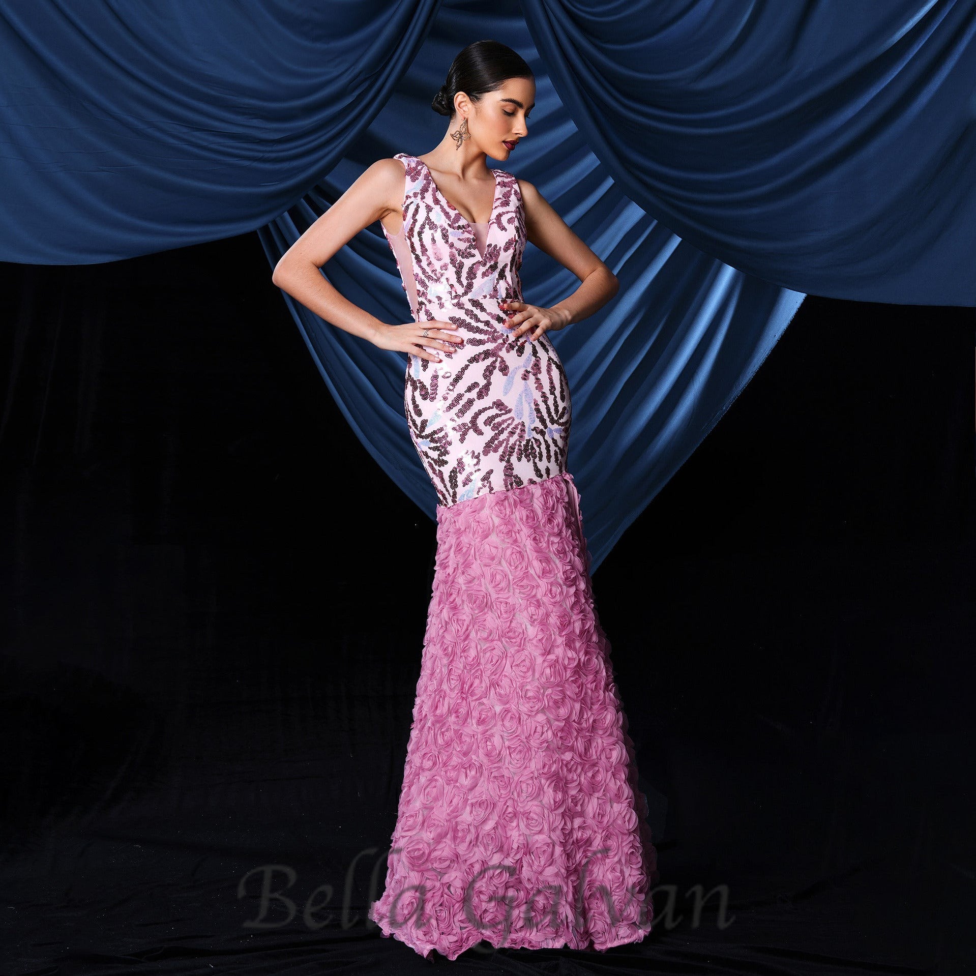 Flowering Girl Women floral sequin split maxi dress in pink