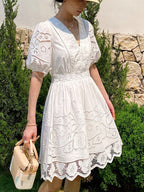 White Openwork Embroidered Short Sleeve V-Neck Petite Dress