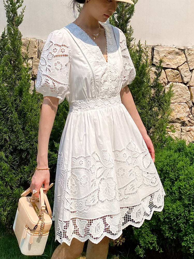 White Openwork Embroidered Short Sleeve V-Neck Petite Dress