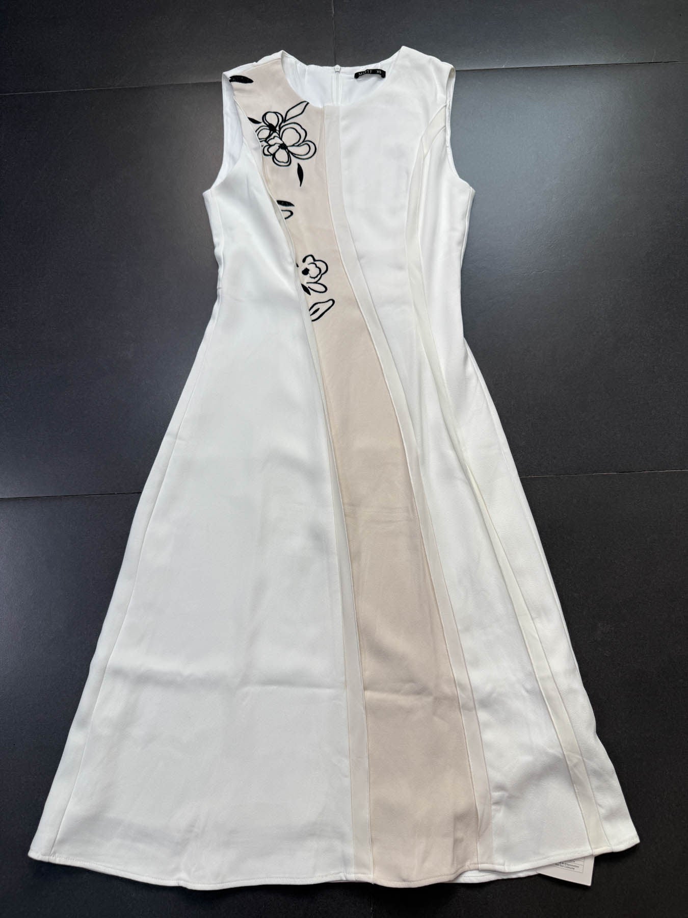 White & Beige Color-Block Floral Embroidered Sleeveless Midi Dress