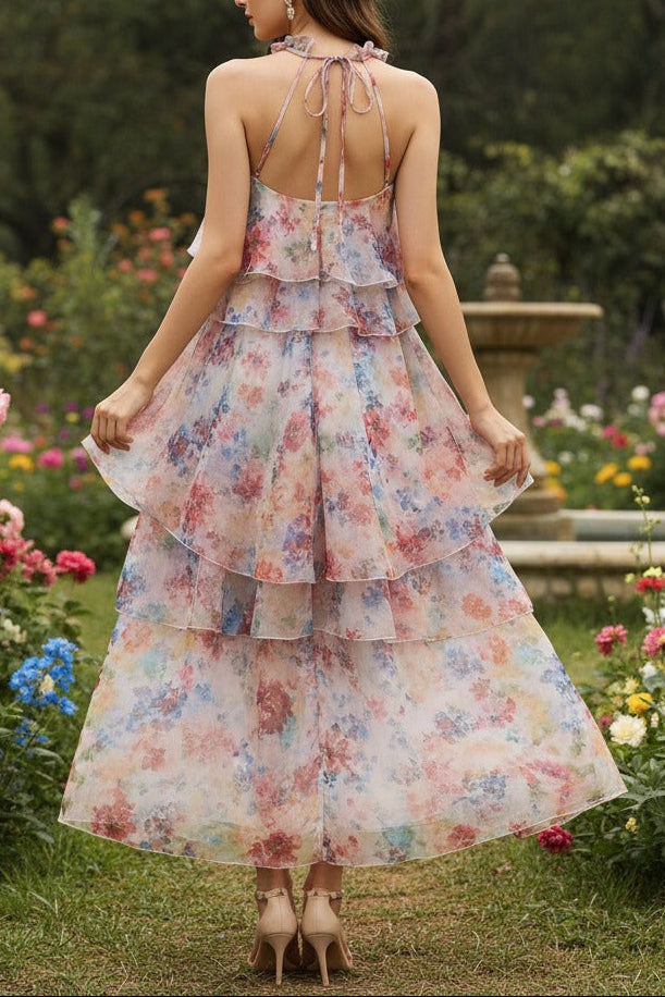 Susie Multicolor Floral Print Layer Halter Midi Dress