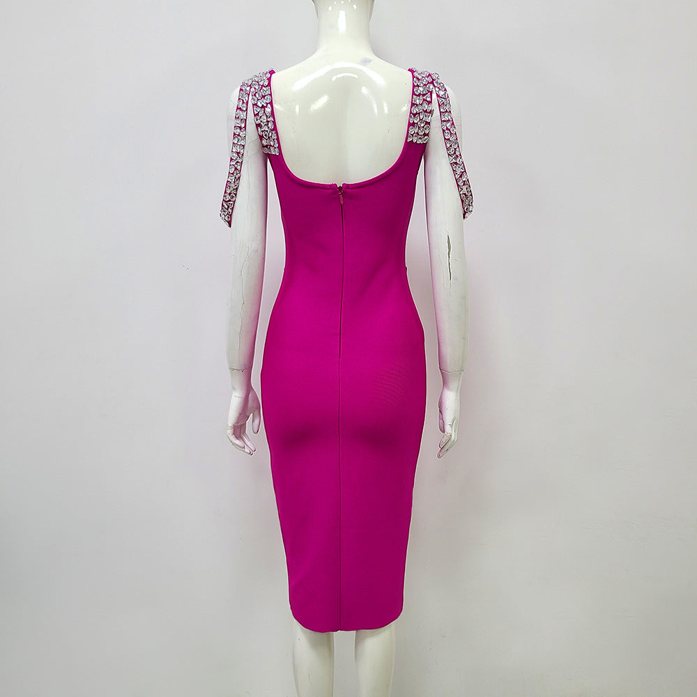Flowering Girl Women CRYSTAL BANDAGE MIDI DRESS IN HOT PINK
