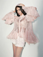 Pink Mesh Lace Ruffled Trumpet Sleeve Shirt Dress Shorts Set