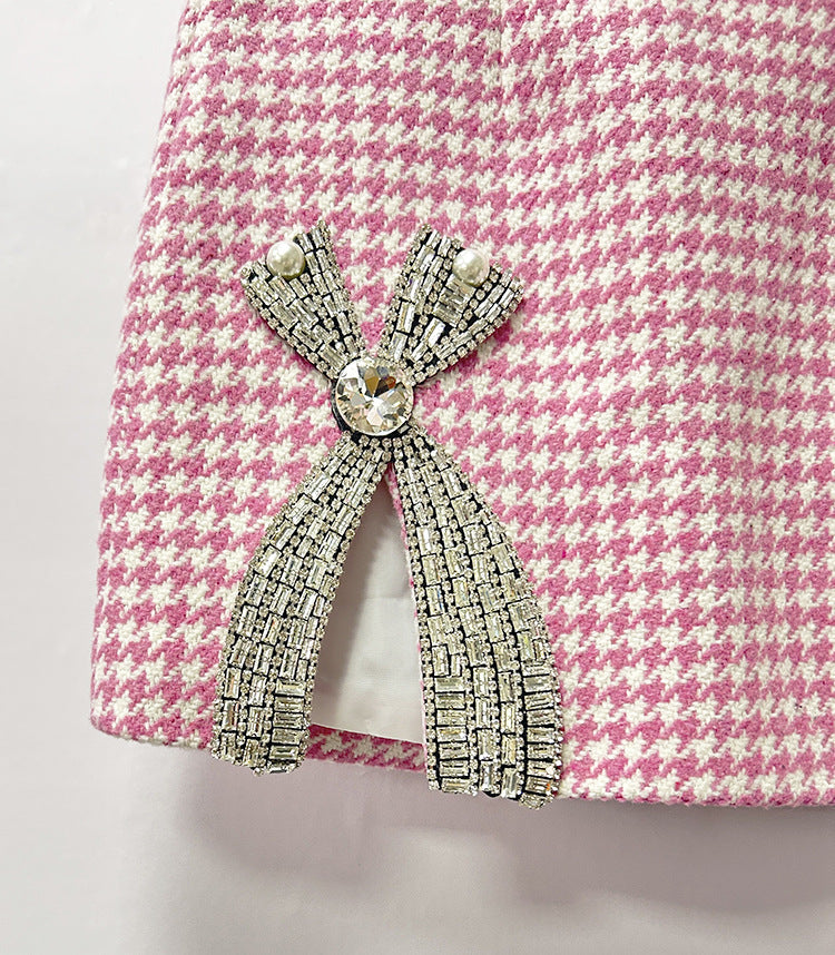 Helen Embellished Checked Wool-Blend Blazer Set In Pink