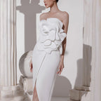 Valery 3d Flower Slit Midi Dress - White