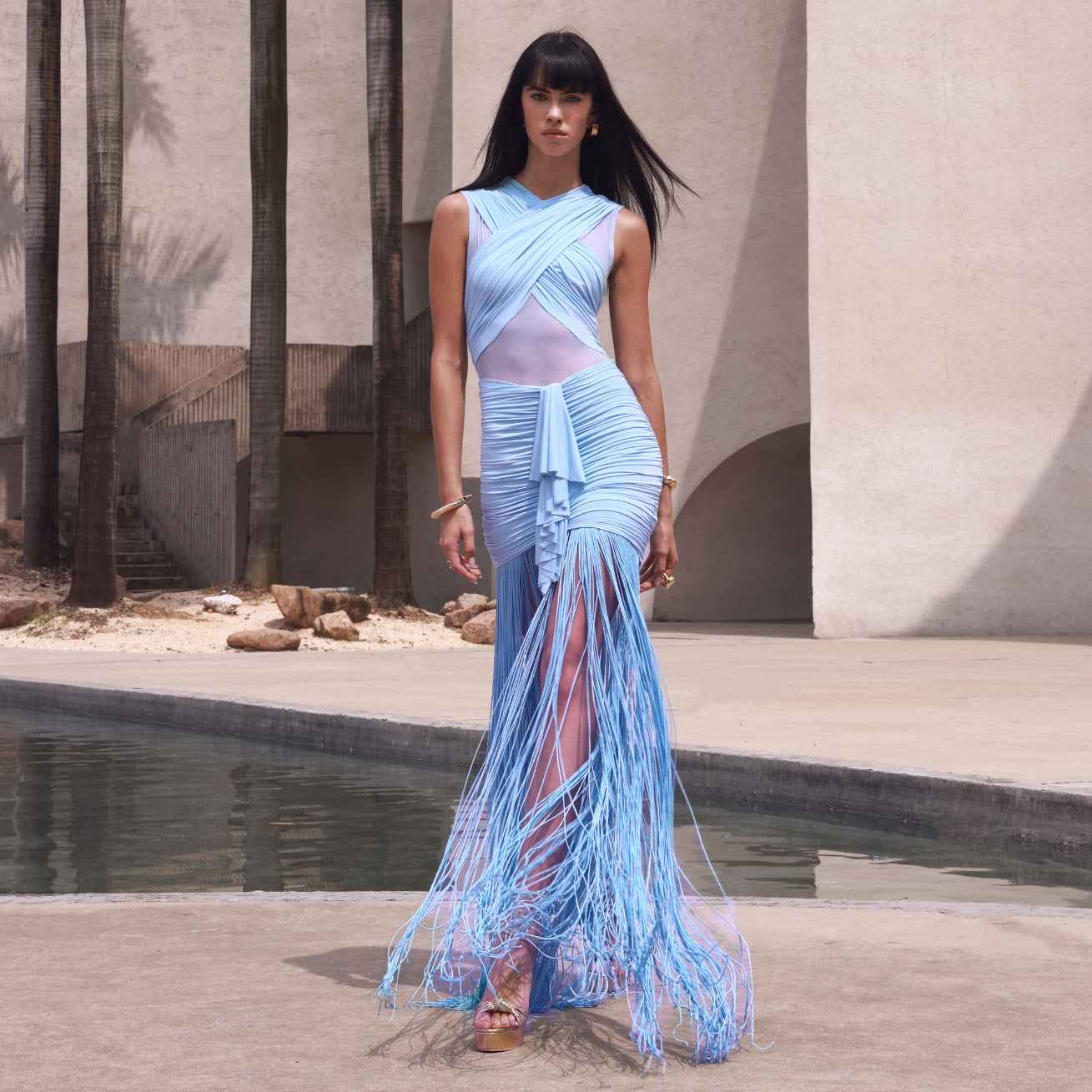 Fringe Mesh Ruched Maxi Dress