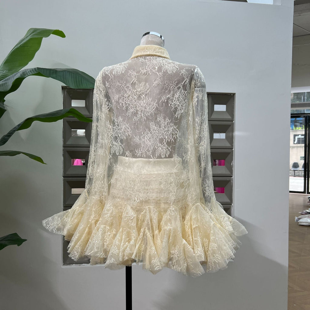 Apricot Mesh Lace Ruffled Trumpet Sleeve Shirt Dress Shorts Set