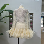 Apricot Mesh Lace Ruffled Trumpet Sleeve Shirt Dress Shorts Set