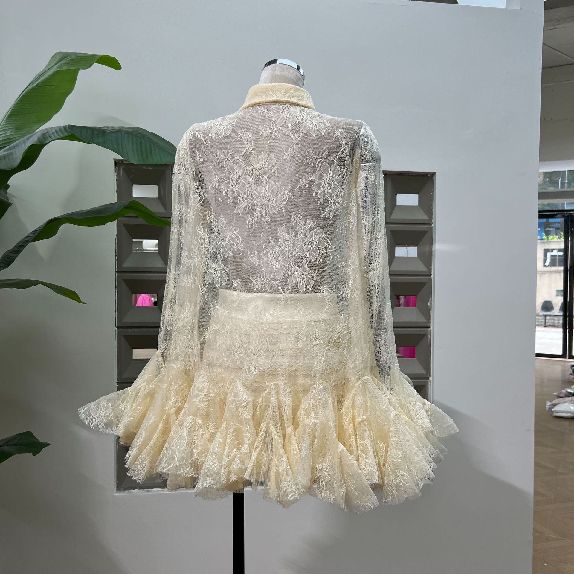 Apricot Mesh Lace Ruffled Trumpet Sleeve Shirt Dress Shorts Set