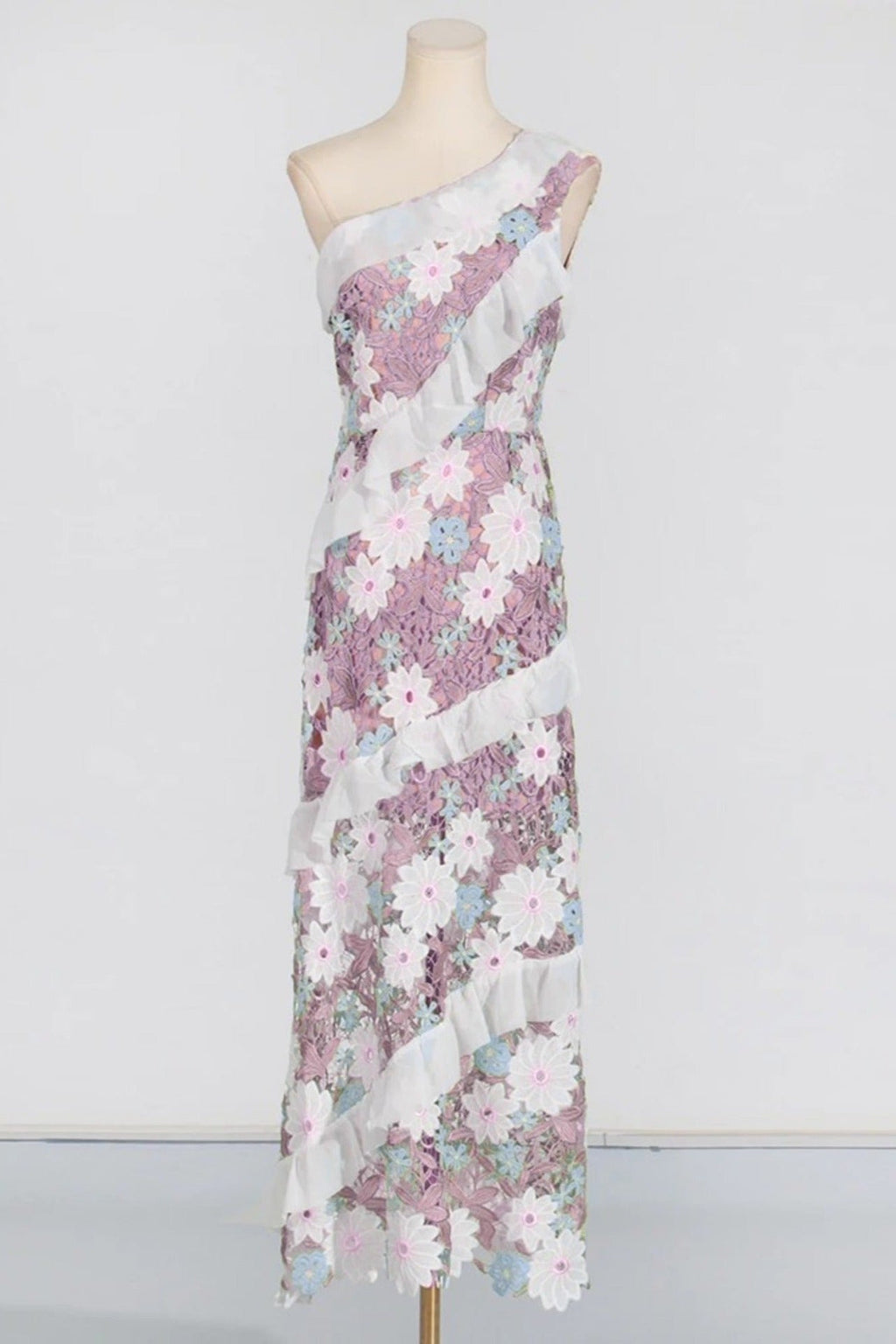 Flowering Girl Women Floral One Shoulder Lace Maxi Dress In Purple