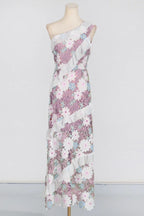 Floral One Shoulder Lace Maxi Dress in purple
