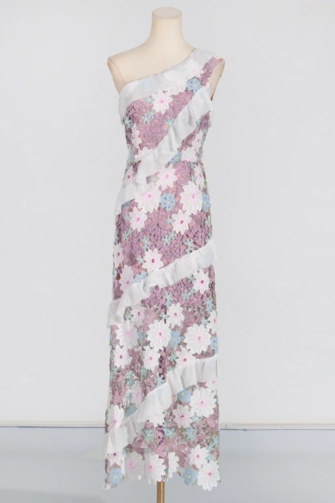 Floral One Shoulder Lace Maxi Dress in purple