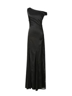 sara black Asymmetrical pleated maxi dress with side slit lace trim