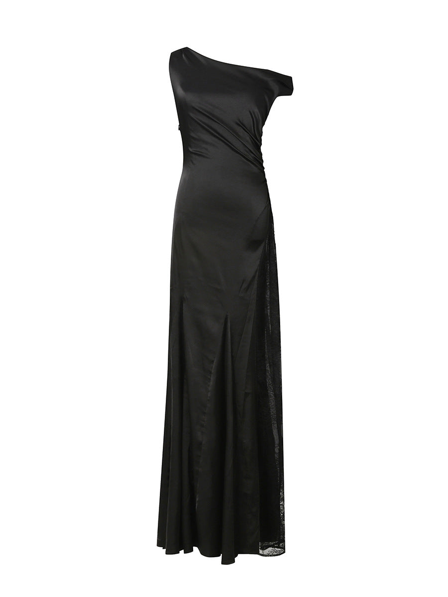 sara black Asymmetrical pleated maxi dress with side slit lace trim
