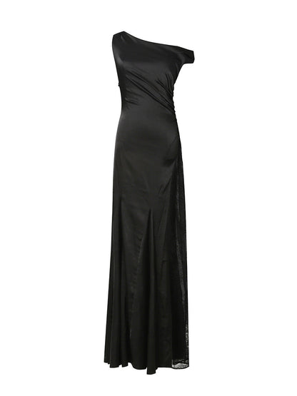 sara black Asymmetrical pleated maxi dress with side slit lace trim