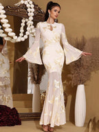 Flowering Girl Women Trumpet Sleeve Hip-Hugging Mesh Embroidery Maxi Dress In Pale Yellow