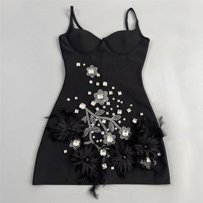 hedy Rhinestone Feather Bandage Strappy mini Dress - black