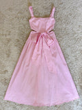 pink bow waist-revealing square neck cotton-linen dress