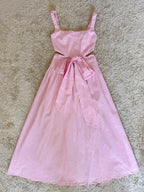 pink bow waist-revealing square neck cotton-linen dress