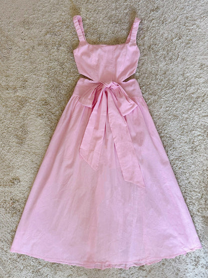 pink bow waist-revealing square neck cotton-linen dress