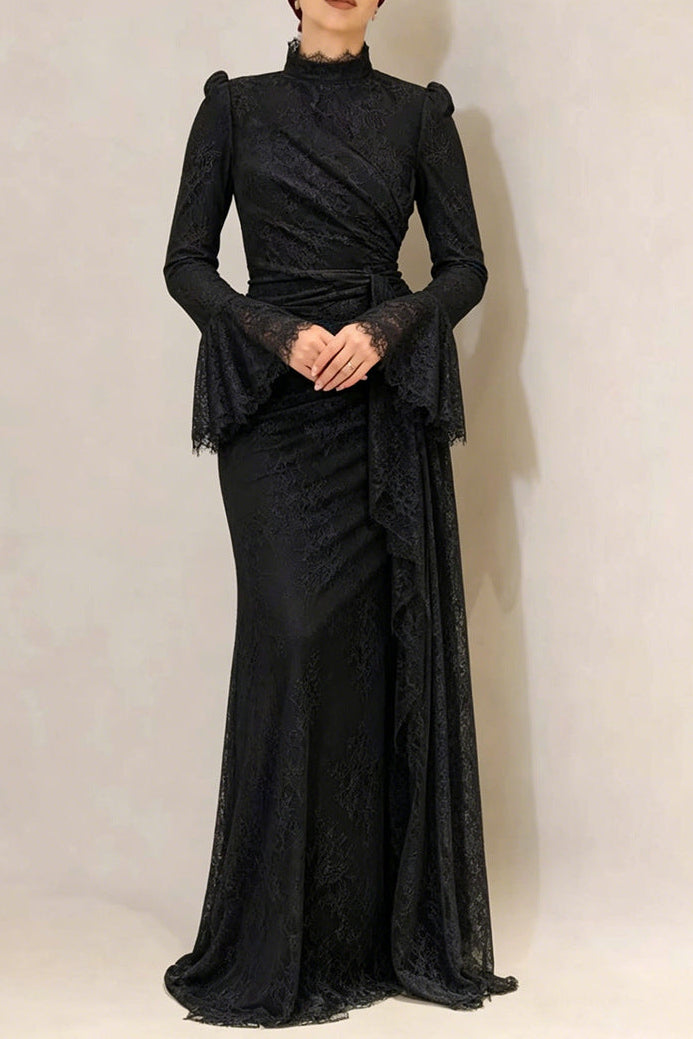 Victoria Long Lantern Sleevelace-Trim Maxi Dress - Black