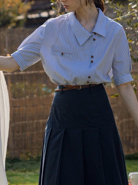 Blend Stripe Placket Collar Short Sleeve Design Shirt