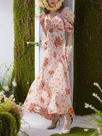 Pink Floral  V-Neck Maxi Dress