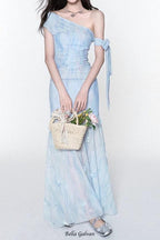 rosalind one-shoulder pleated slim maxi dress in blue