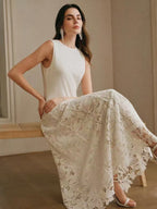 Flowering Girl Women Crew Neck Lace patchwork sleeveless maxi Dress - beige